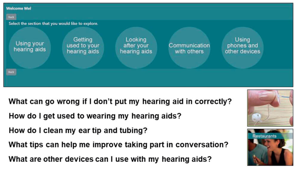 Graphic showing screen shot from m2Hear and examples of questions linked to m2hear videos