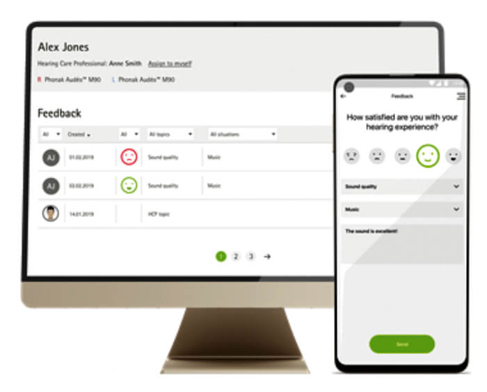 Photo showing one example of an in-situ hearing aid satisfaction rating app and clinician dashboard.