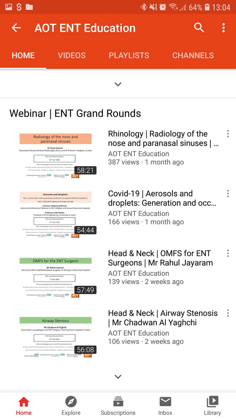 Graphic showing how online lectures have been made available on the AOT ENT Education youtube channel, including ENT Grand Rounds webinars.
