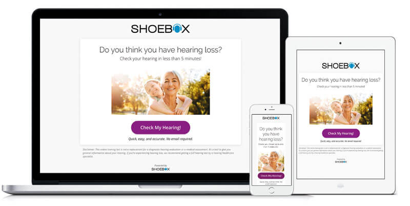 Illustration showing SHOEBOX hearing test displayed on laptop, tablet and phone