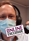 Photo showing Gareth Smith and Kirsten Ellis sampling the PuroPro headphones with Online Exclusive stamp.