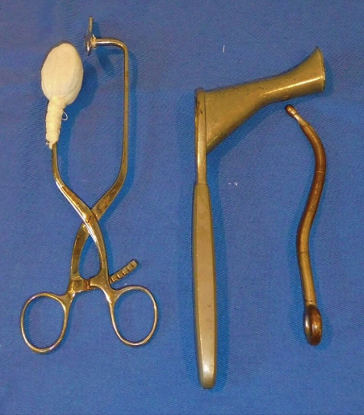Photos of Courtney-Yorke tonsil compression clamp for temporary control of bleeding; Yankauer nasopharyngeal speculum; and frontal sinus sound.