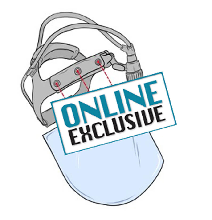 Headlamp face shield construction illustration with online exclusive stamp.