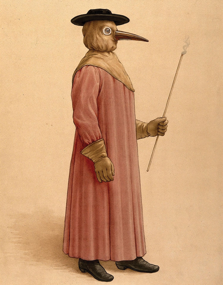 Illustration showing physician wearing a 17th century plague preventive. 