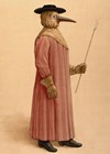 Illustration showing physician wearing a 17th century plague preventive.