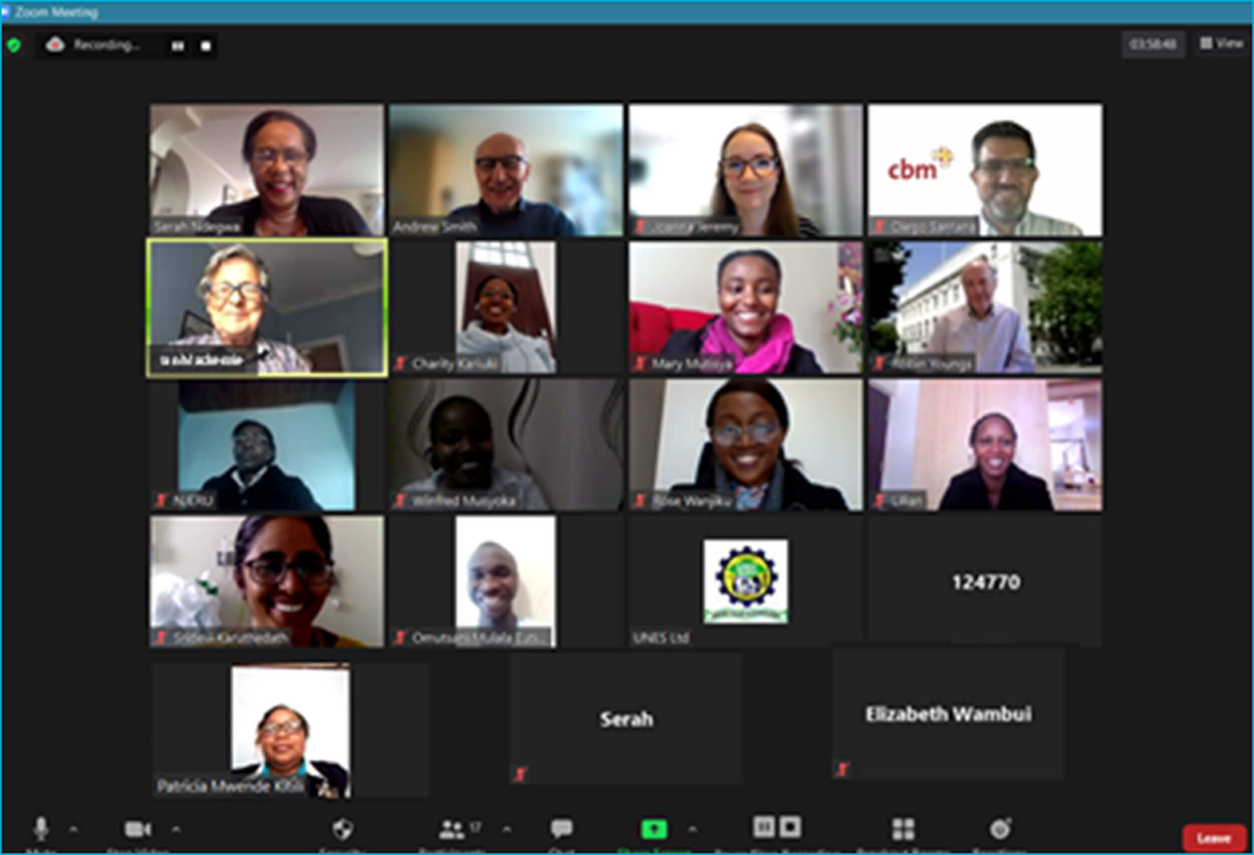 Screenshot of faculty and participants on the Nairobi PHPHI 2021 online course.