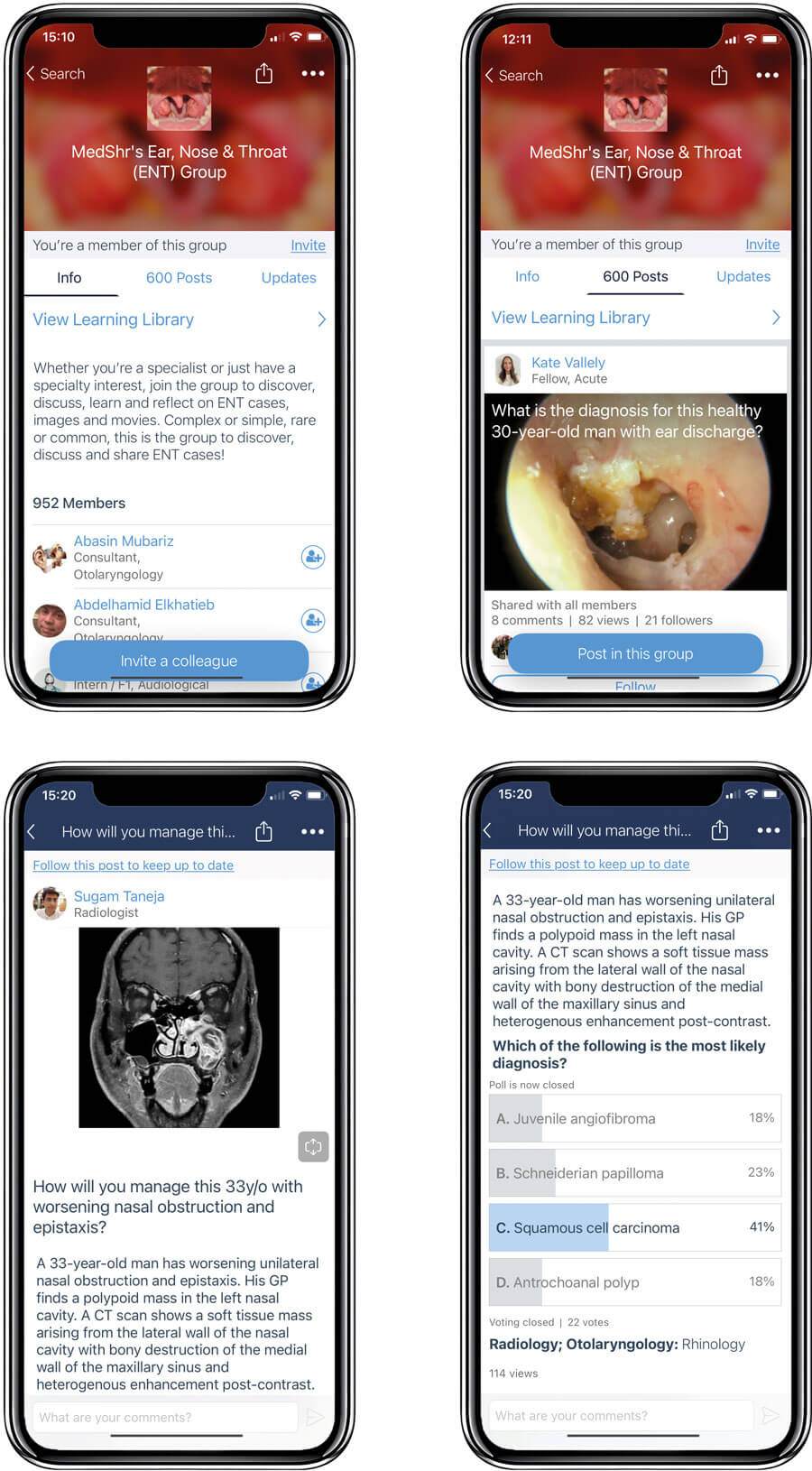 Photo showing MedShr’s ENT Group and example of case-based discussion with polling options.