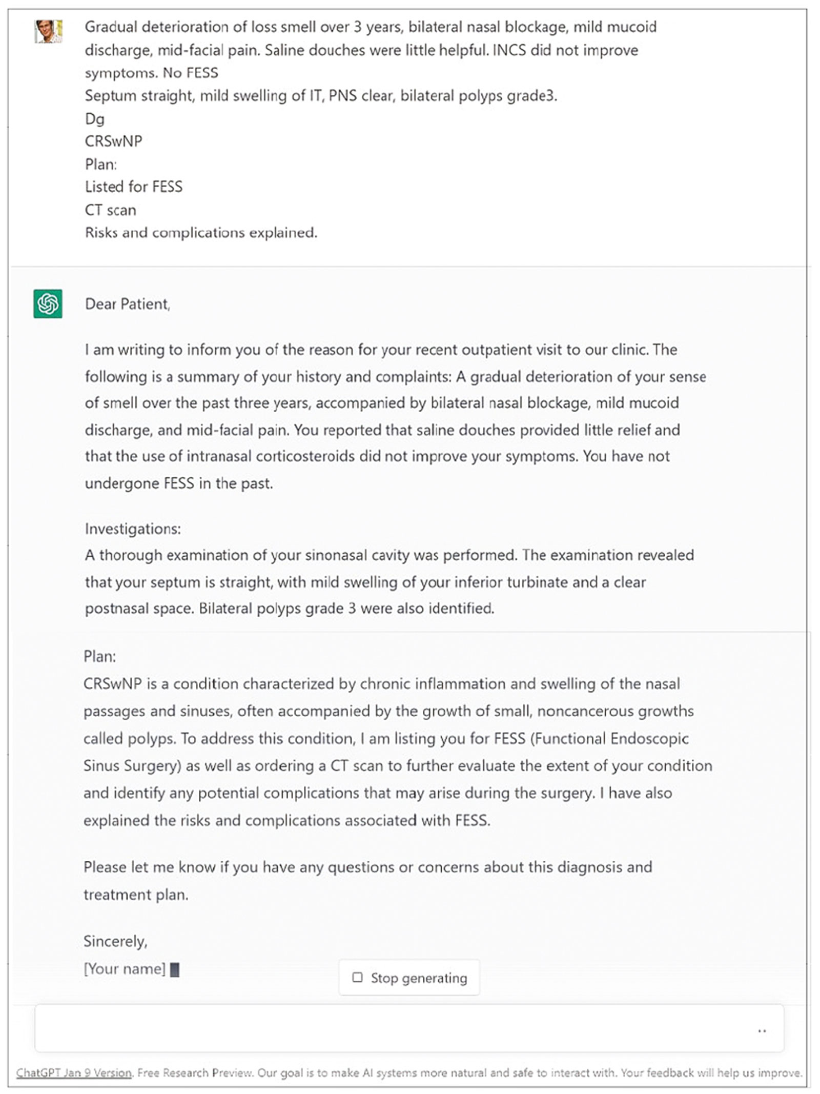 Image showing an example of the input and output in ChatGPT to compose a clinical letter.