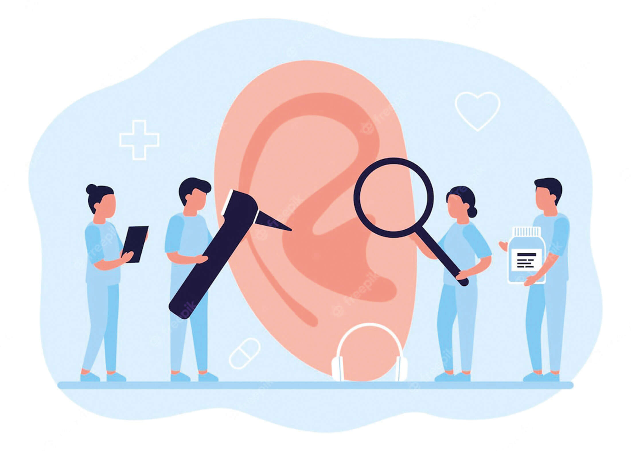 Illustration showing ear examination. 