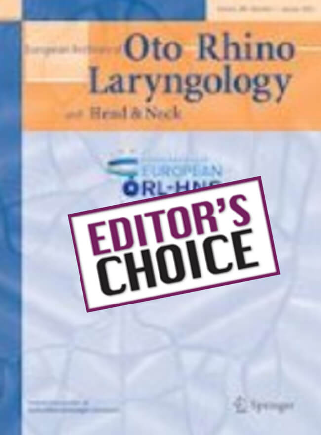 Oto Rhino Laryngology and Head & Neck journal cover image with Editor's Choice stamp.