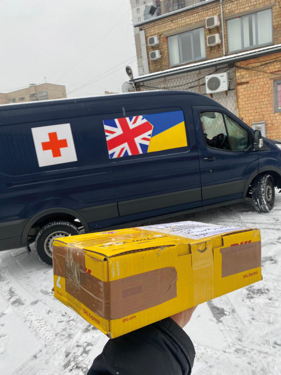 Photo showing the box of hearing aids arriving in Kyiv.