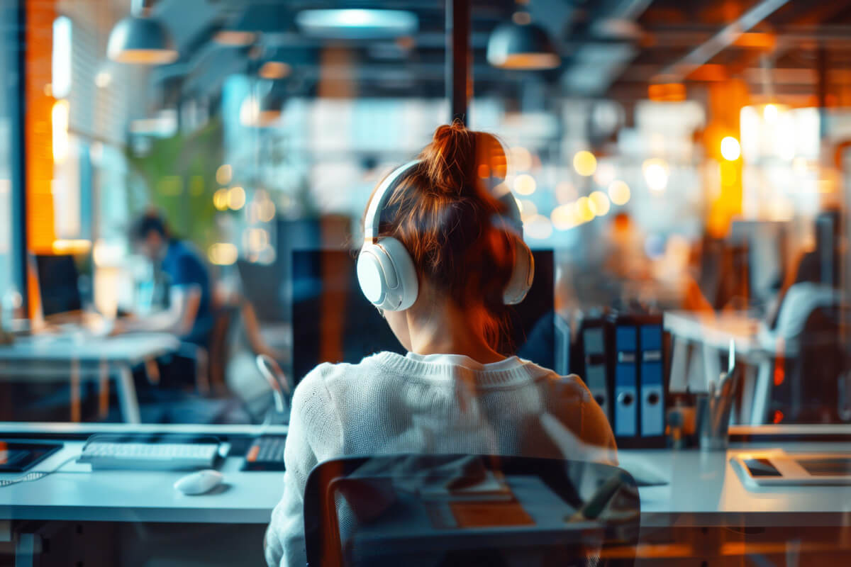 Photo of young woman wearing headphones at desk.
