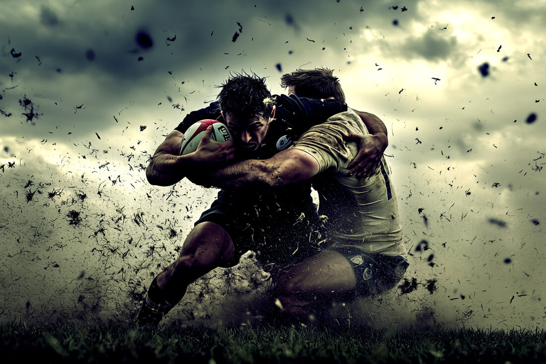 Photo of rugby players tackling.