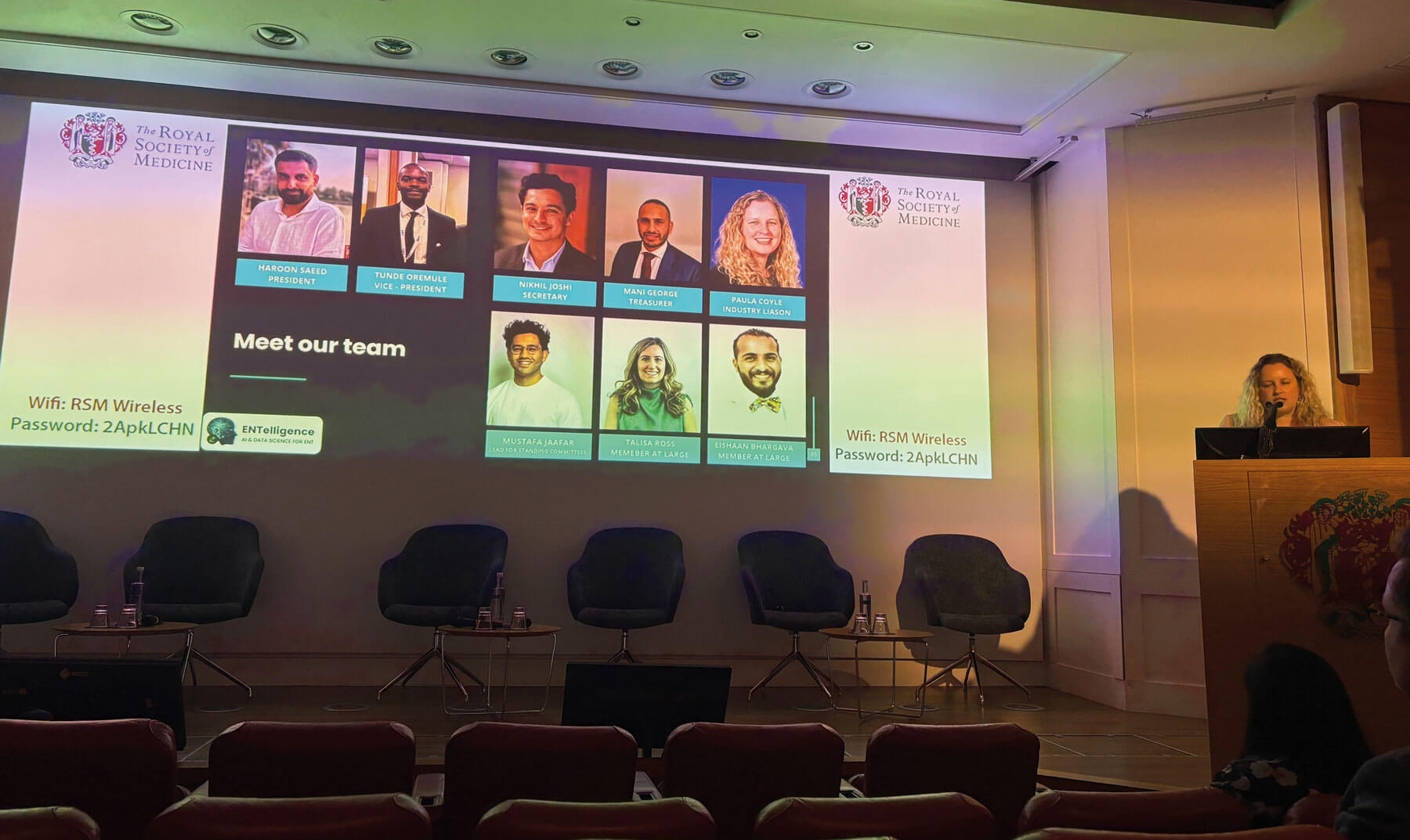 Photo showing Paula Coyle introducing the ENTelligence team at the official launch at the RSM in February 2025. 