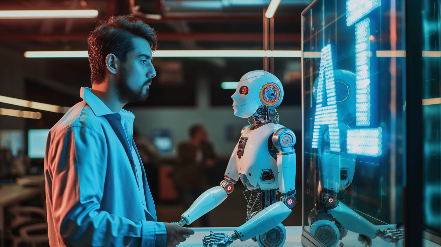 Photo of AI device interacting with human.