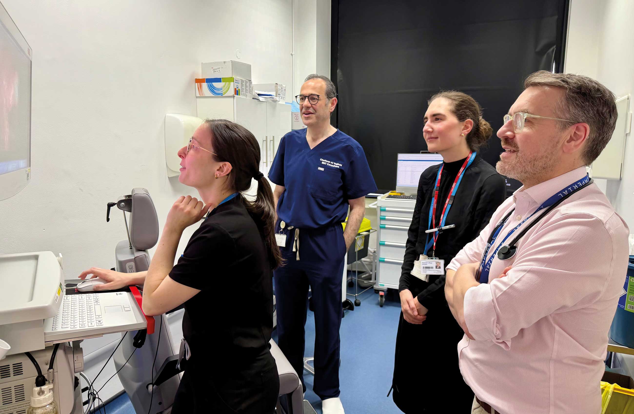 Photo showing the team assessing a patient with subglottic stenosis during the combined airway vasculitis clinic at Charing Cross Hospital.