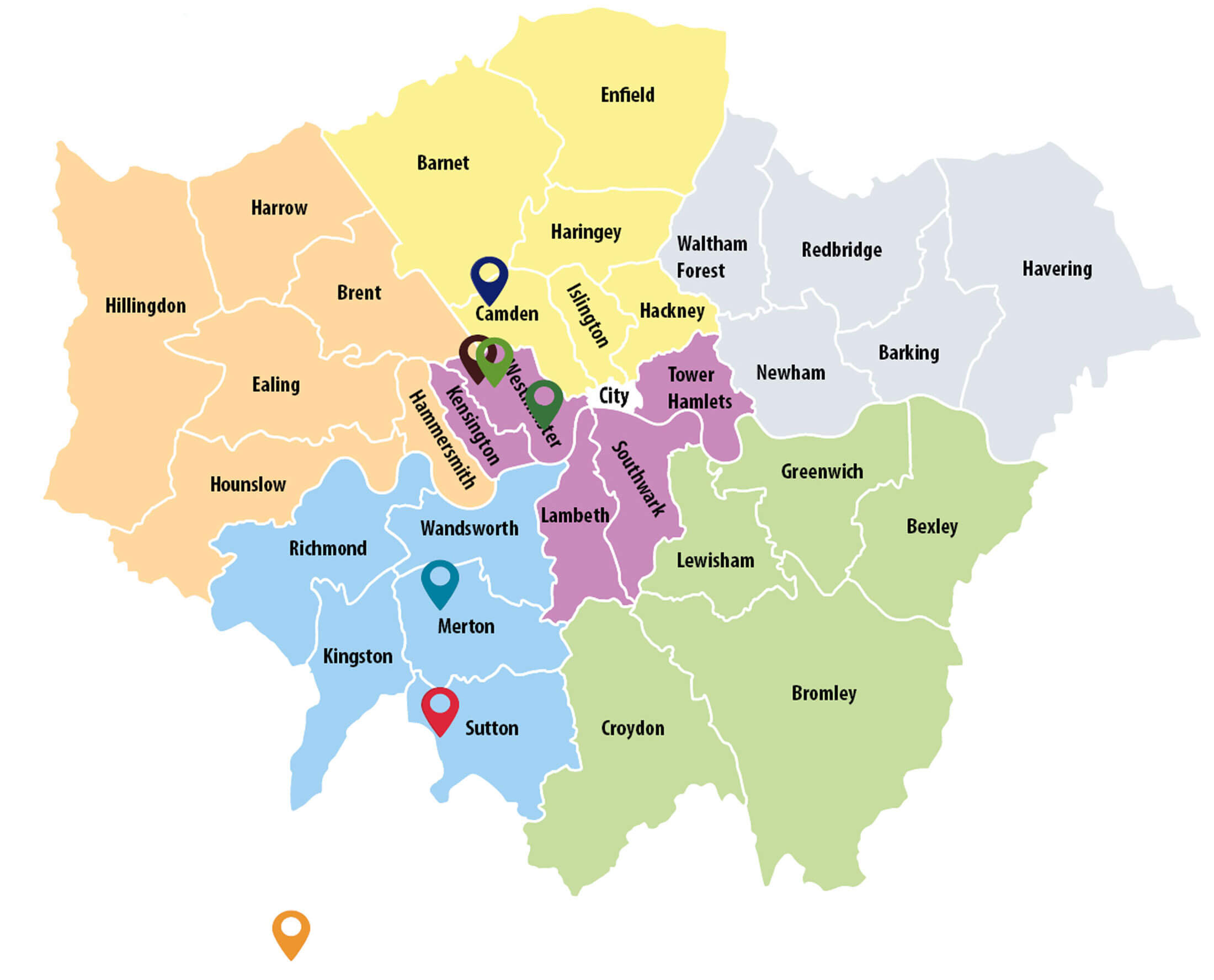 Map image showing all possible AVM placements divided into each deanery (North West and Pan London).