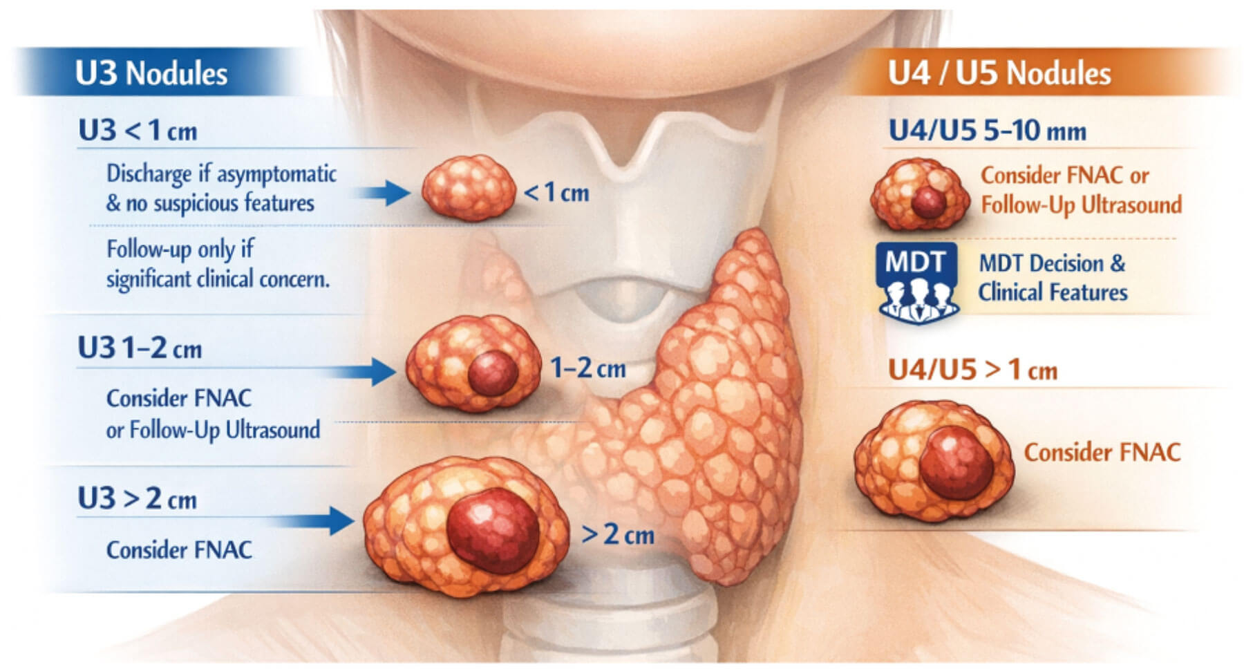 Diagram showing management of thyroid nodules according to U score and nodule size.