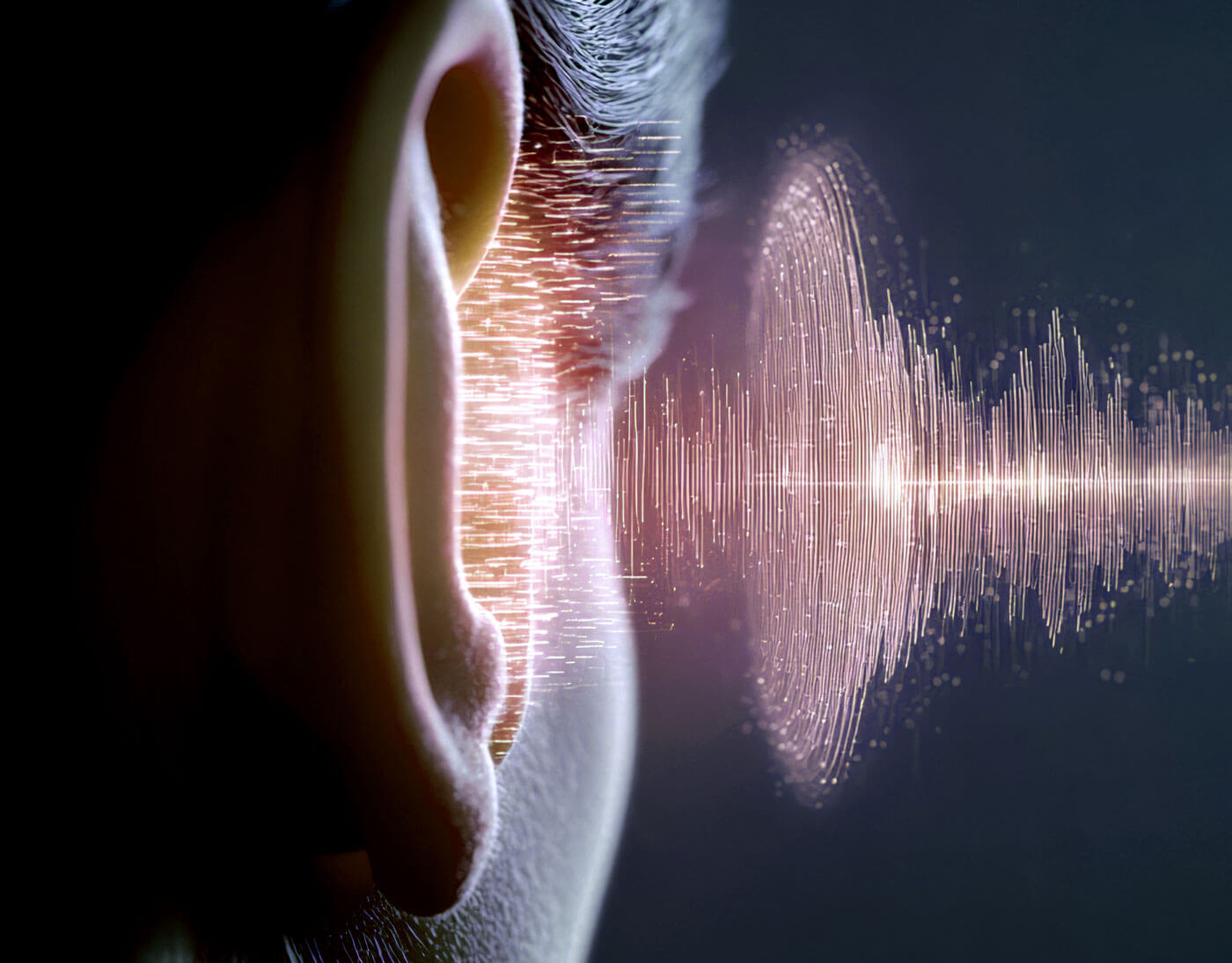 AI Image showing soundwaves next to ear.